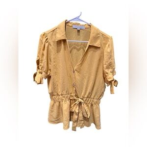 Sweet rain Yellow Button-Up Blouse with Tie Waist MEDIUM